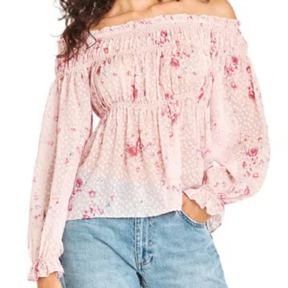 LOVESHACKFANCY Size Large Pink Tiffie Silk-blend Off The Shoulder Top MSRP $345